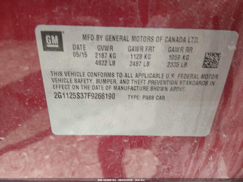 2015 Chevrolet Impala VIN 2G1125S37F9266190 IAAI salvage auction — FRONT END, Salvage Title, sold $2,150 on 2026-07-17 (photo 9)