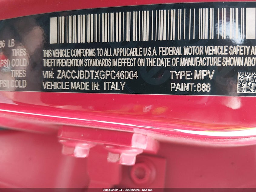 2016 Jeep Renegade VIN ZACCJBDTXGPC46004 IAAI salvage auction — RIGHT FRONT, Salvage Title, sold $875 on 2026-07-21 (photo 9)