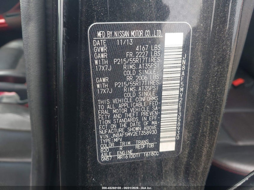 2014 Nissan Juke VIN JN8AF5MV2ET358930 IAAI salvage auction — NORMAL WEAR, Clear (Louisiana), sold $600 on 2026-07-20 (photo 9)