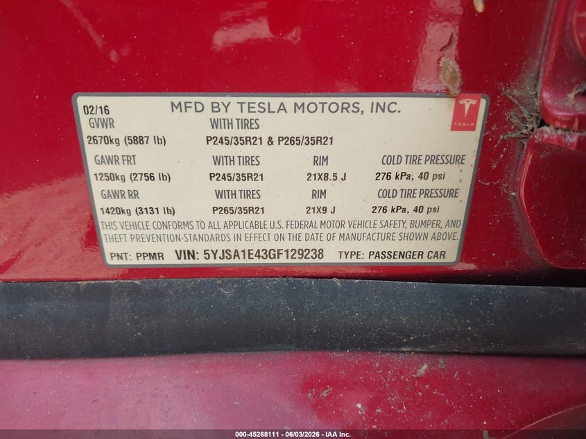 2016 Tesla Model s VIN 5YJSA1E43GF129238 IAAI salvage auction — FRONT END, Clear (Texas), sold $25 on 2026-07-30 (photo 9)