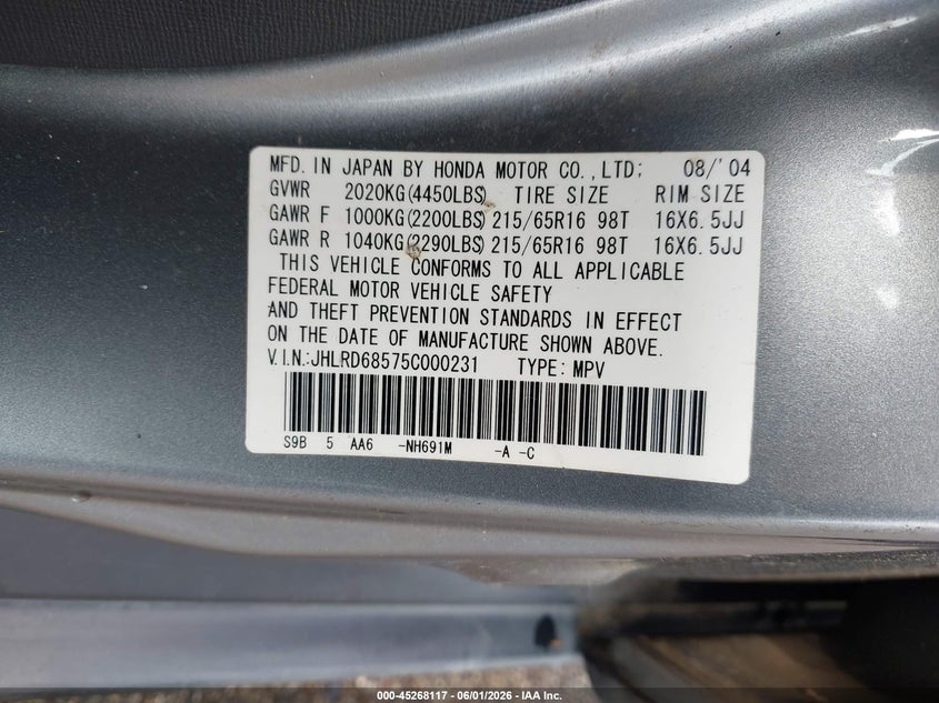 2005 Honda Cr-v VIN JHLRD68575C000231 IAAI salvage auction — NORMAL WEAR, Clear (Georgia), sold $1,600 on 2026-07-14 (photo 9)