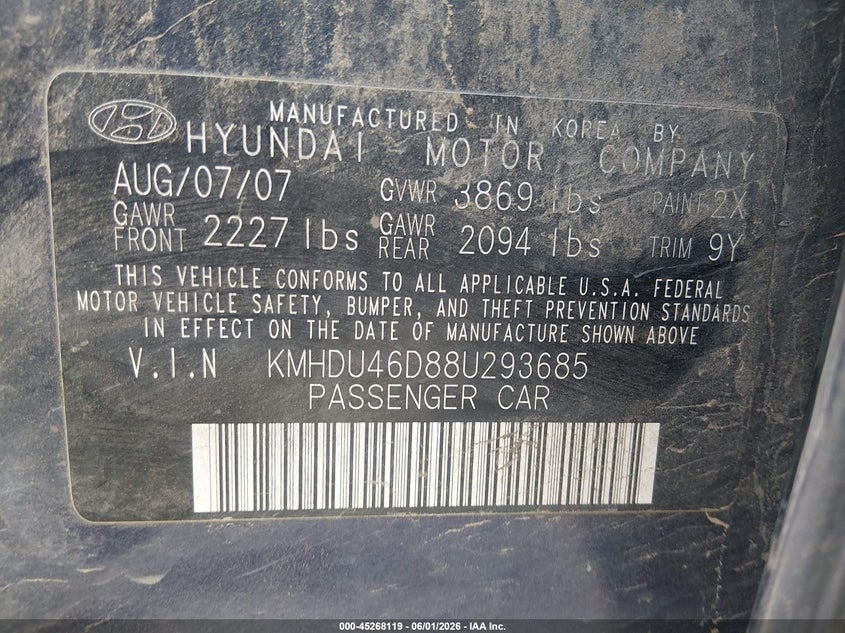 2008 Hyundai Elantra VIN KMHDU46D88U293685 IAAI salvage auction — NORMAL WEAR, Clear (Arizona), sold $450 on 2026-07-17 (photo 9)