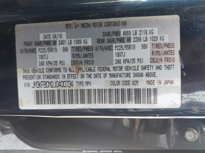2018 Mazda Cx-5 VIN JM3KFBCM2J0400734 IAAI salvage auction — HAIL, Salvage Title, sold $6,400 on 2026-07-07 (photo 9)