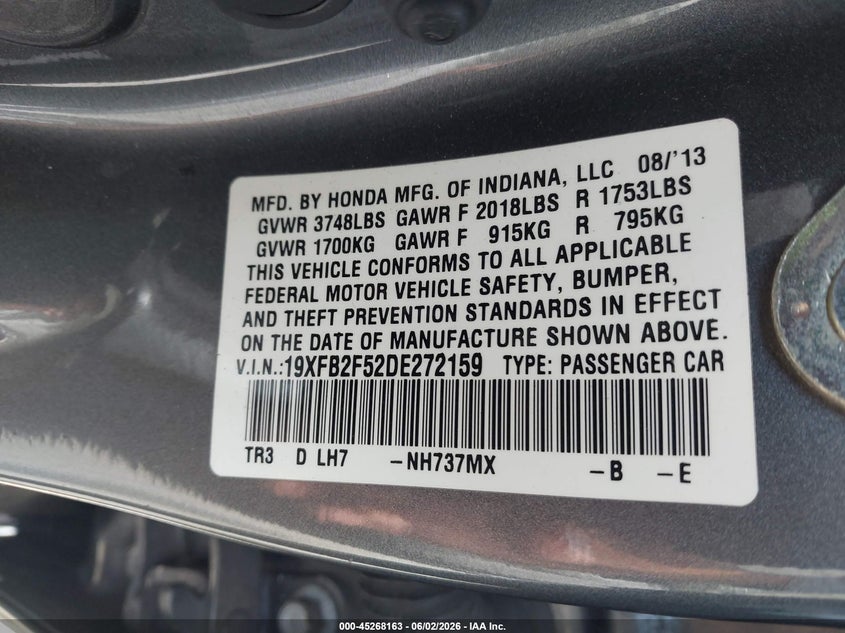 2013 Honda Civic VIN 19XFB2F52DE272159 IAAI salvage auction — NORMAL WEAR, Salvage (California), sold $1,725 on 2026-07-09 (photo 9)
