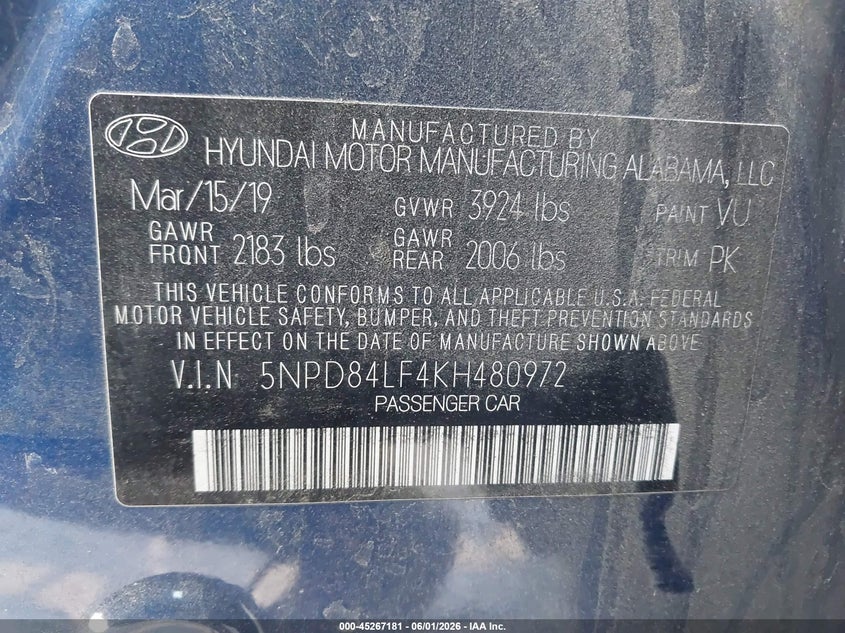 2019 Hyundai Elantra VIN 5NPD84LF4KH480972 IAAI salvage auction — RIGHT FRONT, Salvage Title, sold $2,850 on 2026-07-22 (photo 9)
