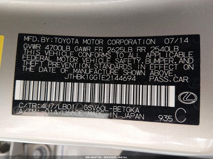 2014 Lexus ES VIN JTHBK1GG1E2144694 IAAI salvage auction — FRONT END, Salvage Title, sold $2,650 on 2026-07-29 (photo 9)