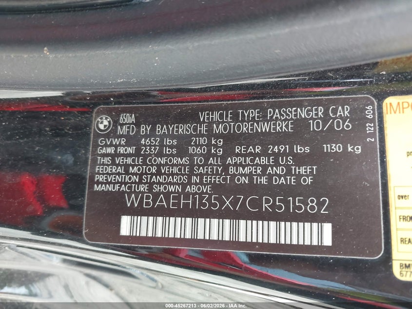 2007 BMW 6 series VIN WBAEH135X7CR51582 IAAI salvage auction — FRONT END, Repossession Paperwork (Georgia), sold $2,700 on 2026-07-09 (photo 9)