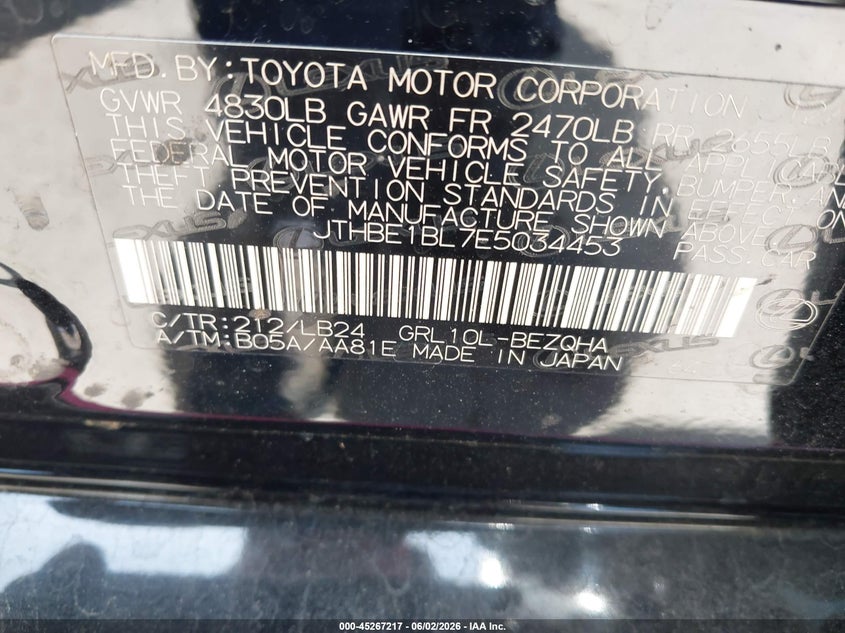 2014 Lexus Gs VIN JTHBE1BL7E5034453 IAAI salvage auction — ROOF, Salvage (California), sold $2,125 on 2026-07-08 (photo 9)