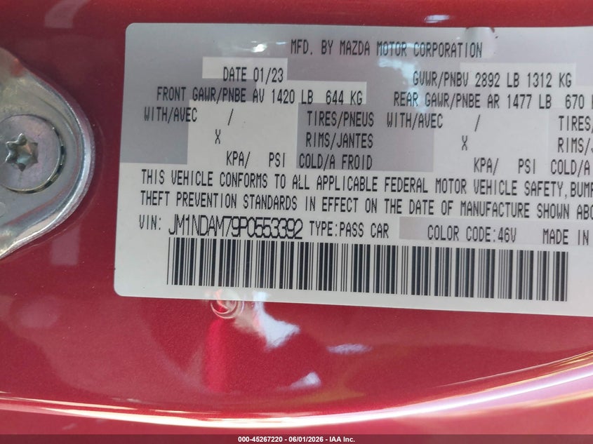 2023 Mazda VIN JM1NDAM79P0553392 IAAI salvage auction — FRONT END, Salvage Title, sold $6,200 on 2026-07-08 (photo 9)
