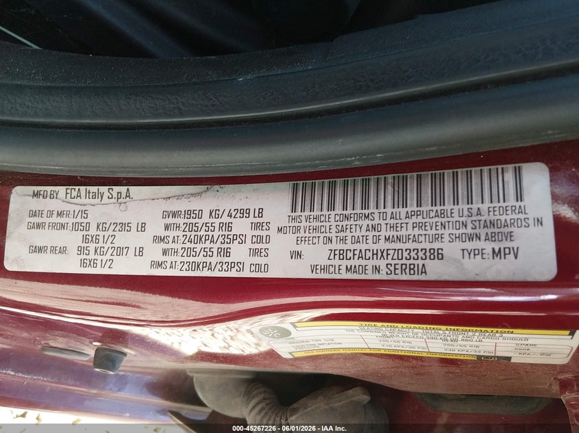 2015 Fiat 500l VIN ZFBCFACHXFZ033386 IAAI salvage auction — NORMAL WEAR, Peddle Clear Public-Restricted (Oregon), sold $25 on 2026-07-06 (photo 9)