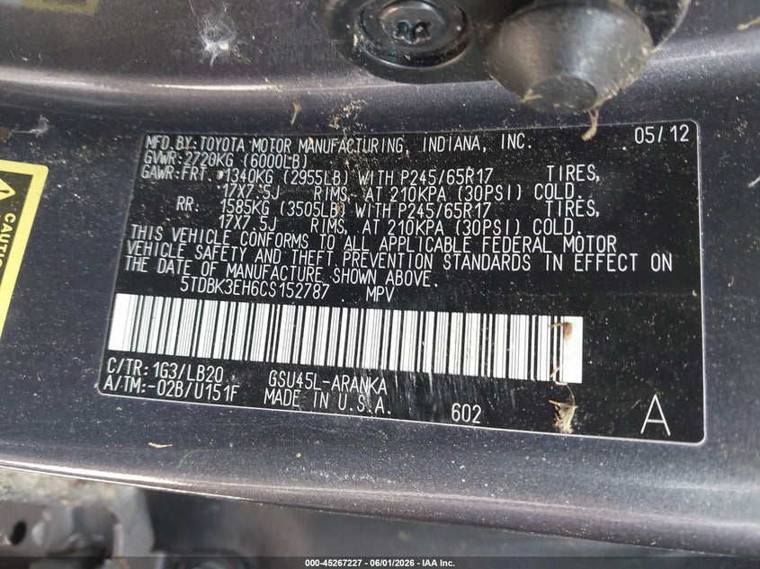 2012 Toyota Highlander VIN 5TDBK3EH6CS152787 IAAI salvage auction — NORMAL WEAR, Rebuilt-Non-Public (Washington), sold $1,600 on 2026-07-15 (photo 9)
