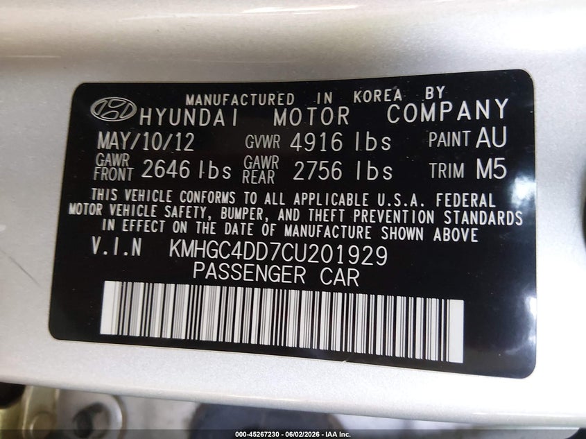 2012 Hyundai Genesis VIN KMHGC4DD7CU201929 IAAI salvage auction — RIGHT REAR, Salvage Title, sold $950 on 2026-07-07 (photo 9)