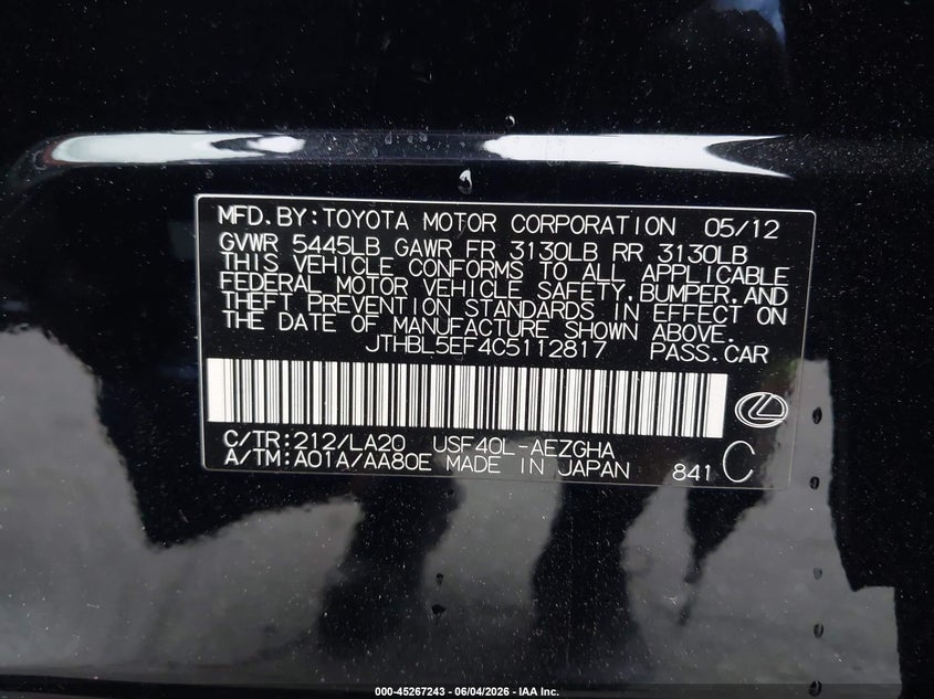 2012 Lexus Ls VIN JTHBL5EF4C5112817 IAAI salvage auction — SIDE, Salvage Title, sold $2,400 on 2026-07-16 (photo 9)