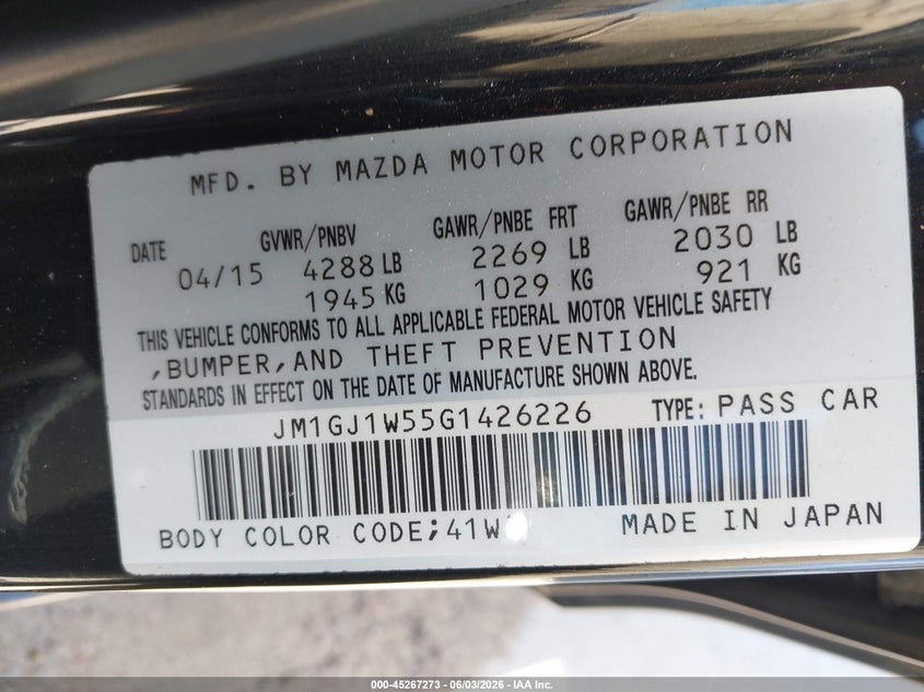 2016 Mazda 6 VIN JM1GJ1W55G1426226 IAAI salvage auction — NORMAL WEAR, Original (Texas), sold $1,800 on 2026-07-23 (photo 9)