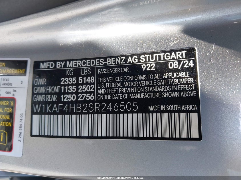 2025 Mercedes-benz C-klasse VIN W1KAF4HB2SR246505 IAAI salvage auction — RIGHT REAR, Salvage Title, sold $14,950 on 2026-07-21 (photo 9)