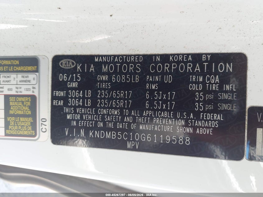 2016 Kia SEDONA VIN KNDMB5C10G6119588 IAAI salvage auction — FRONT & REAR, Clear (Florida), sold $125 on 2026-07-28 (photo 9)