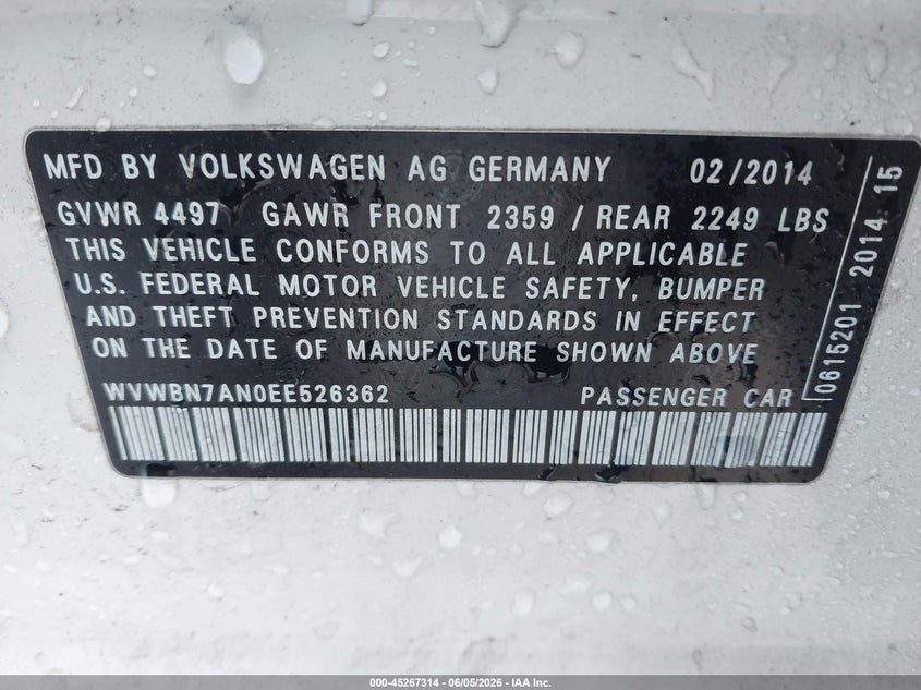 2014 Volkswagen Cc VIN WVWBN7AN0EE526362 IAAI salvage auction — NORMAL WEAR, Clear (Florida), sold $250 on 2026-07-22 (photo 9)