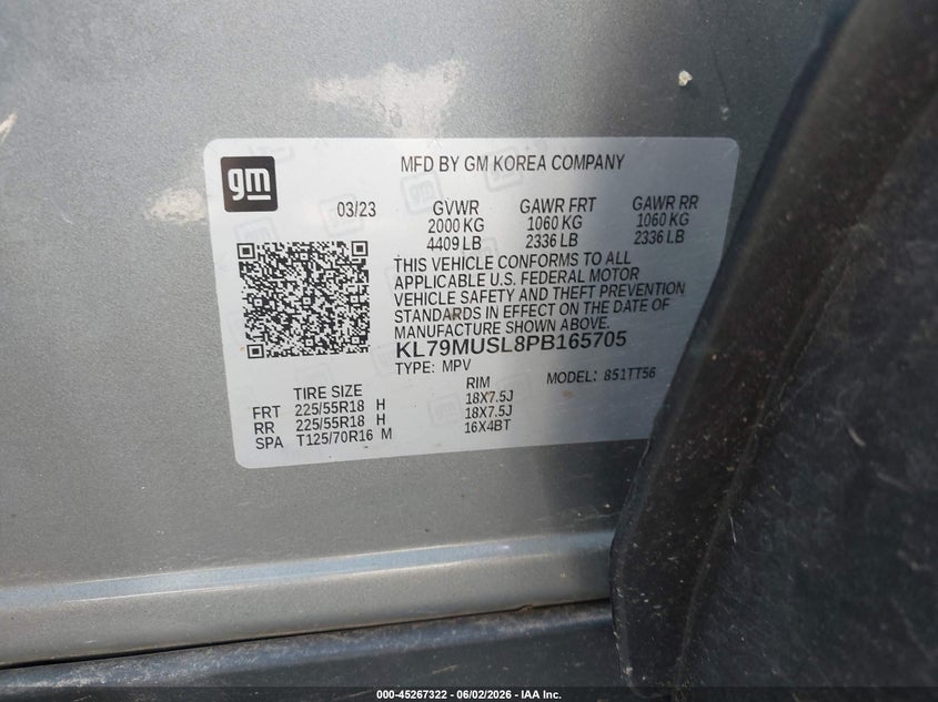 2023 Chevrolet Trailblazer VIN KL79MUSL8PB165705 IAAI salvage auction — FRONT END, Salvage Title, sold $2,525 on 2026-07-09 (photo 9)