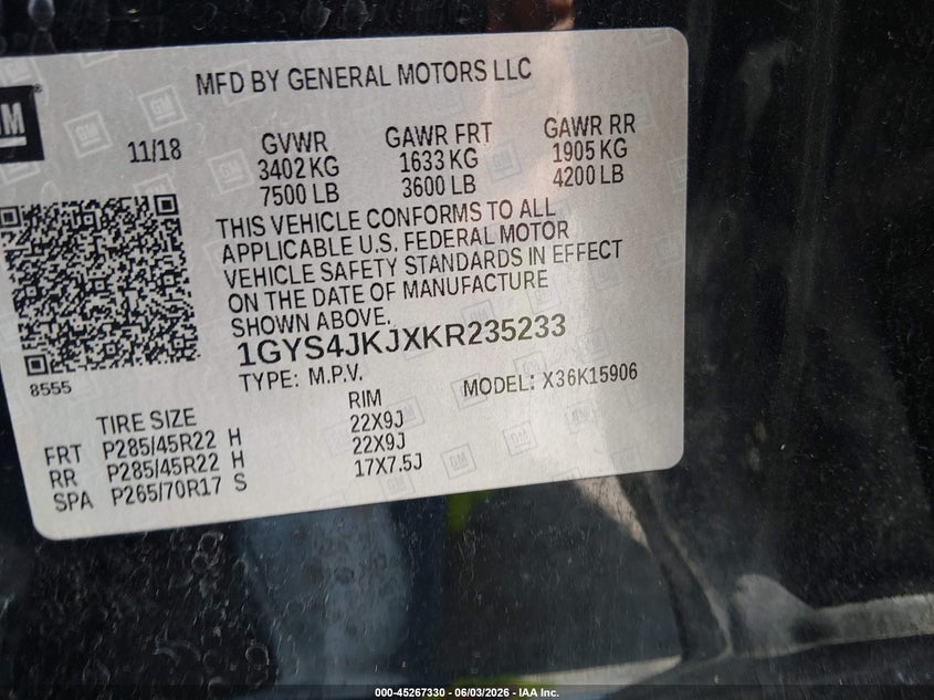 2019 Cadillac Escalade esv VIN 1GYS4JKJXKR235233 IAAI salvage auction — NORMAL WEAR, Repossessed (Missouri), sold $11,450 on 2026-07-23 (photo 9)
