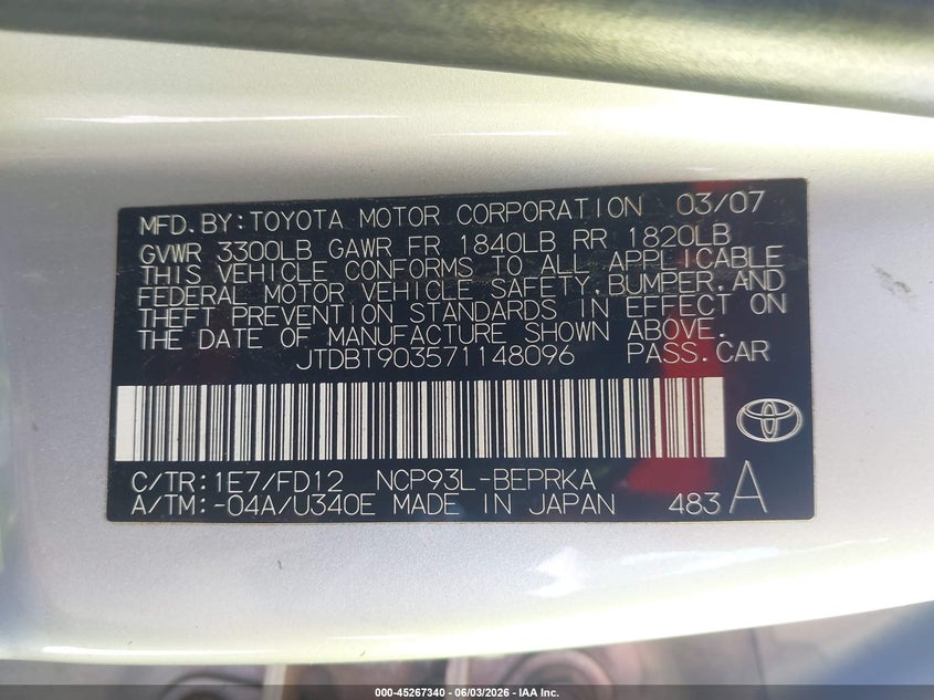 2007 Toyota Yaris VIN JTDBT903571148096 IAAI salvage auction — NORMAL WEAR, Clear (Virginia), sold $600 on 2026-07-14 (photo 9)
