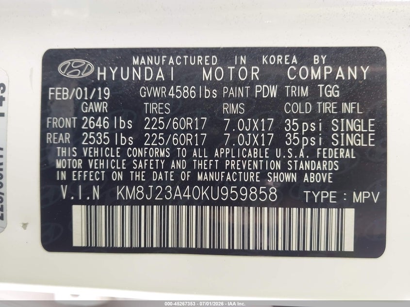 2019 Hyundai Tucson VIN KM8J23A40KU959858 IAAI salvage auction — RIGHT REAR, Salvage (Texas), sold $1,200 on 2026-07-28 (photo 9)