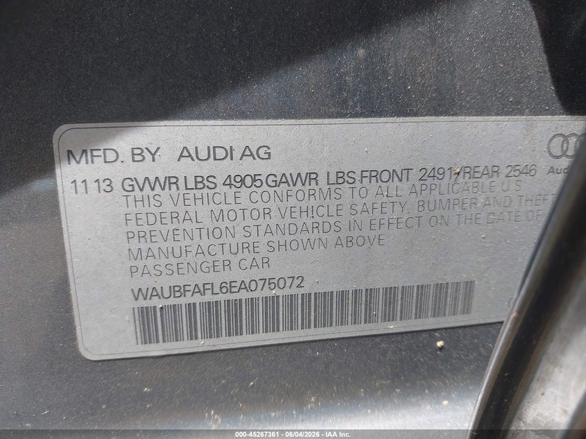 2014 Audi A4 VIN WAUBFAFL6EA075072 IAAI salvage auction — NORMAL WEAR, Clear (New Jersey), sold $1,000 on 2026-07-16 (photo 9)