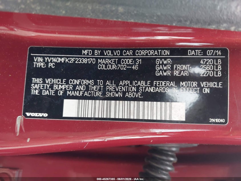 2015 Volvo S60 VIN YV140MFK2F2338170 IAAI salvage auction — NORMAL WEAR, Clear (Georgia), sold $375 on 2026-07-14 (photo 9)