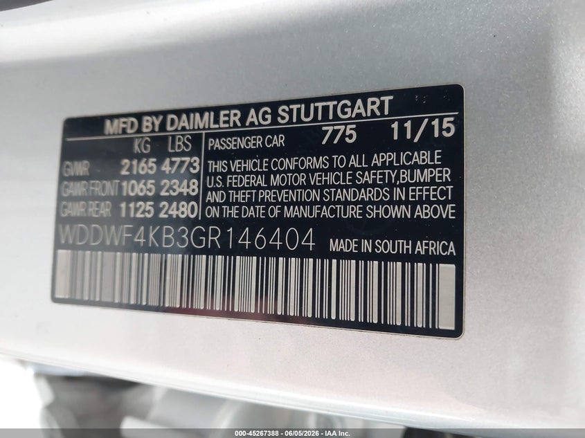 2016 Mercedes-benz C-klasse VIN WDDWF4KB3GR146404 IAAI salvage auction — REAR END, Wait Title, sold $3,150 on 2026-08-19 (photo 9)