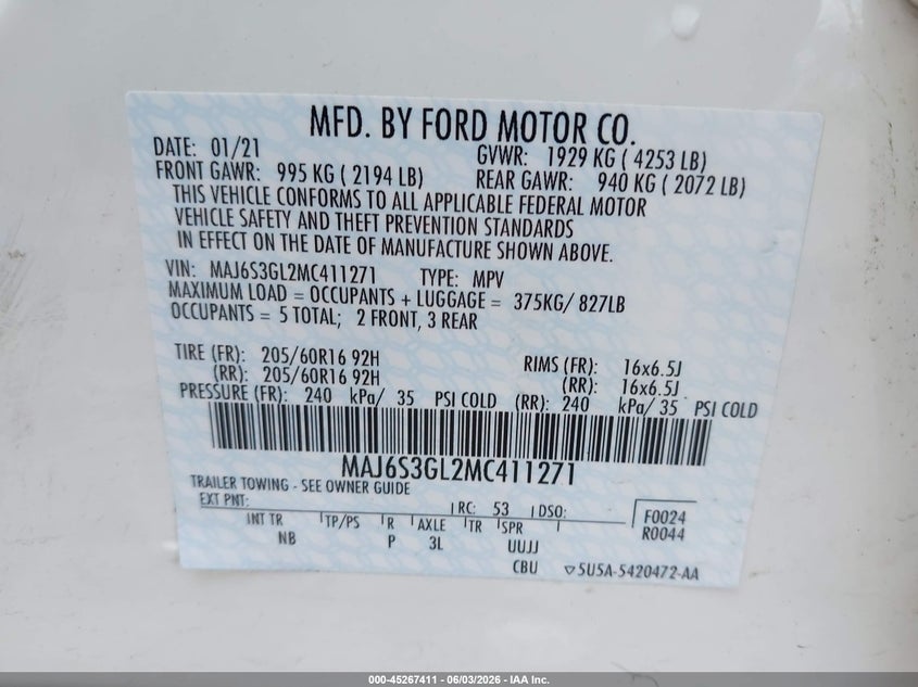 2021 Ford Ecosport VIN MAJ6S3GL2MC411271 IAAI salvage auction — HAIL, Salvage Title, sold $4,000 on 2026-07-26 (photo 9)