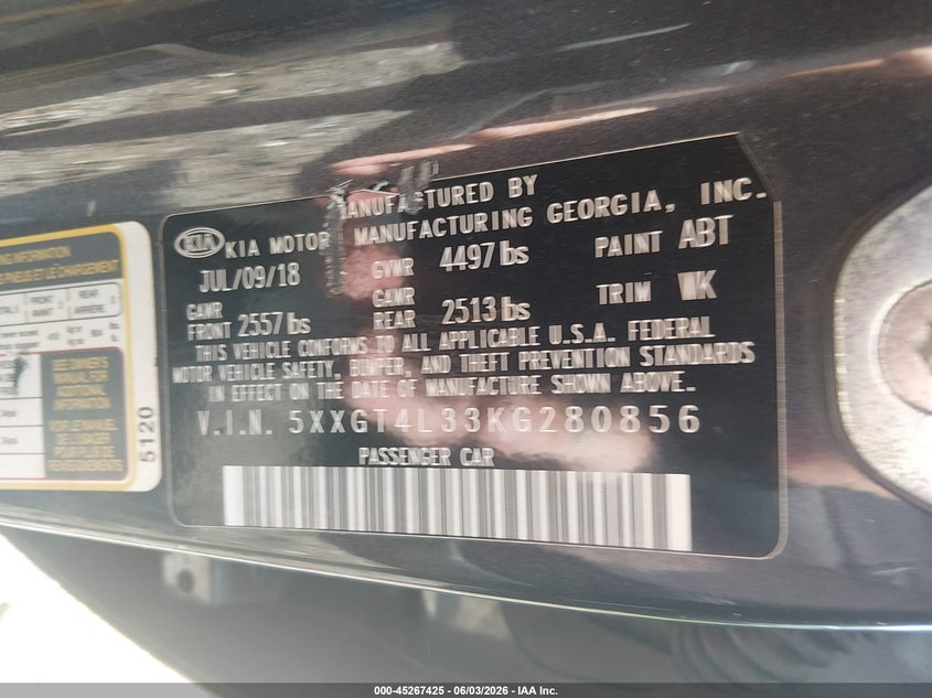 2019 Kia Optima VIN 5XXGT4L33KG280856 IAAI salvage auction — FRONT END, Salvage Title, sold $1,400 on 2026-07-23 (photo 9)