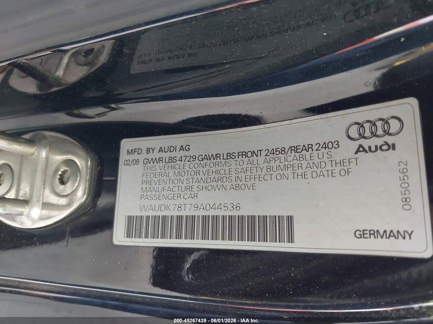 2009 Audi A5 VIN WAUDK78T79A044536 IAAI salvage auction — NORMAL WEAR, Clear (Florida), sold $425 on 2026-07-15 (photo 9)