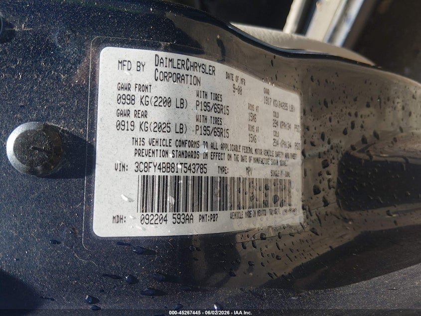 2001 Chrysler Pt cruiser VIN 3C8FY4BB81T543785 IAAI salvage auction — NORMAL WEAR, Clear (Tennessee), sold $200 on 2026-07-09 (photo 9)