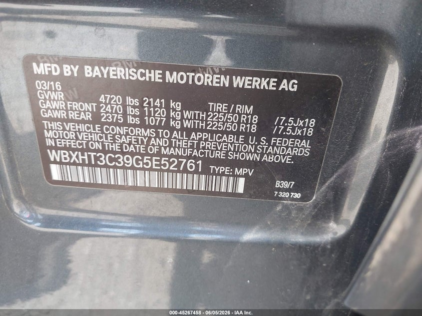 2016 BMW X1 VIN WBXHT3C39G5E52761 IAAI salvage auction — FRONT END, Salvage Title, sold $1,450 on 2026-07-20 (photo 9)