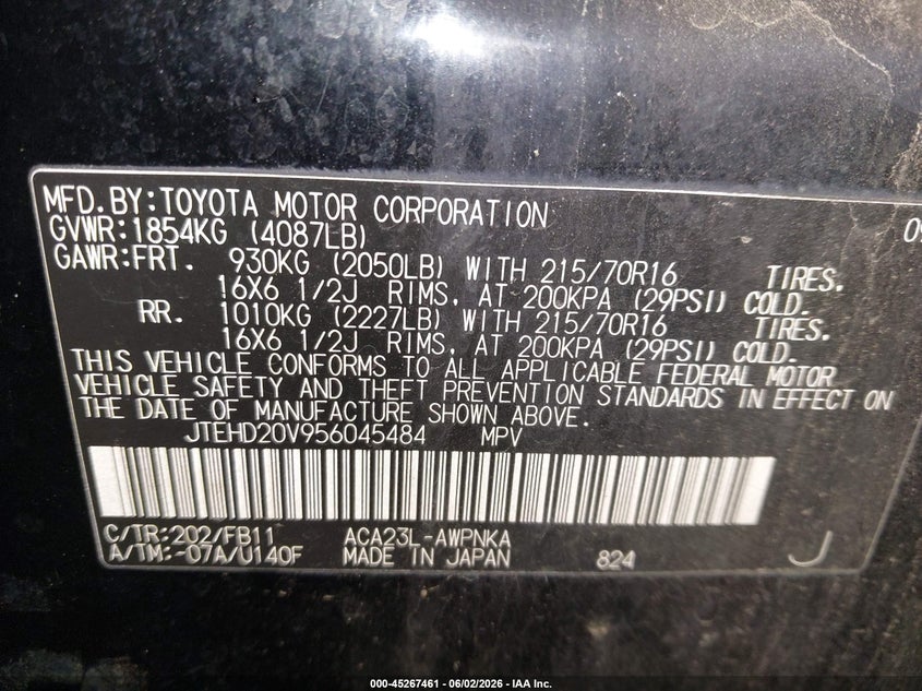 2005 Toyota Rav4 VIN JTEHD20V956045484 IAAI salvage auction — NORMAL WEAR, Clear (Minnesota), sold $600 on 2026-07-15 (photo 9)