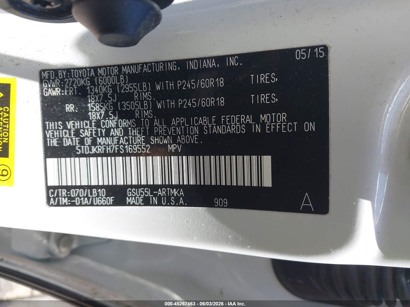 2015 Toyota Highlander VIN 5TDJKRFH7FS169552 IAAI salvage auction — FRONT END, Salvage Title, sold $8,700 on 2026-07-09 (photo 9)