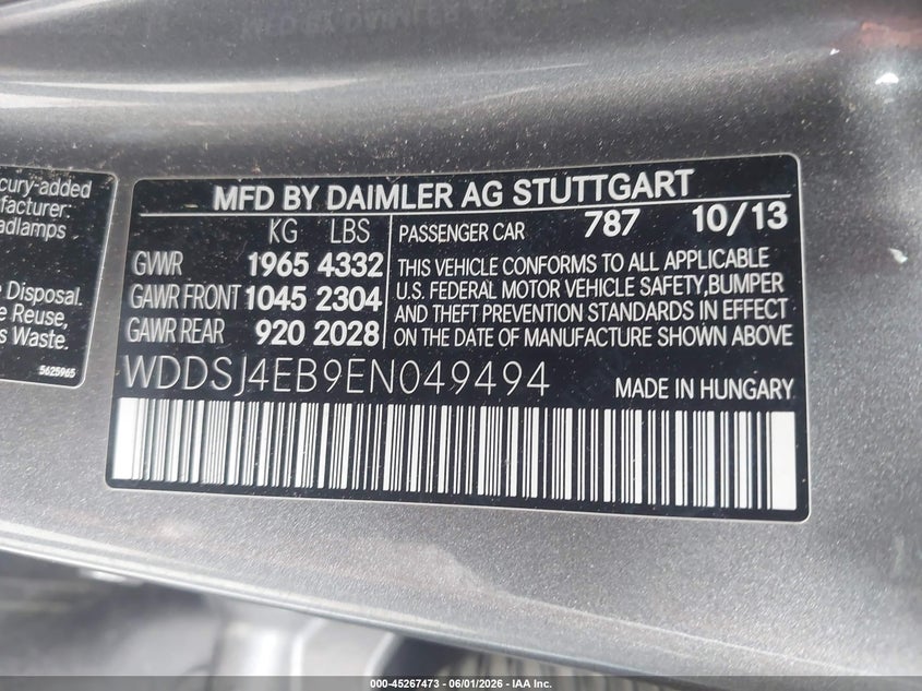 2014 Mercedes-benz Cla-klasse VIN WDDSJ4EB9EN049494 IAAI salvage auction — NORMAL WEAR, Original (Texas), sold $1,275 on 2026-07-15 (photo 9)