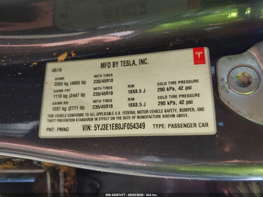2018 Tesla Model 3 VIN 5YJ3E1EB0JF054349 IAAI salvage auction — ROOF, Salvage Title, sold $2,150 on 2026-07-10 (photo 9)
