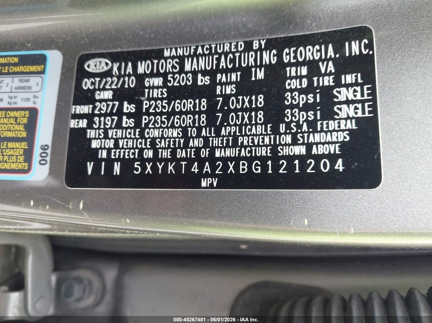 2011 Kia Sorento VIN 5XYKT4A2XBG121204 IAAI salvage auction — NORMAL WEAR, Clear (New York), sold $625 on 2026-07-07 (photo 9)