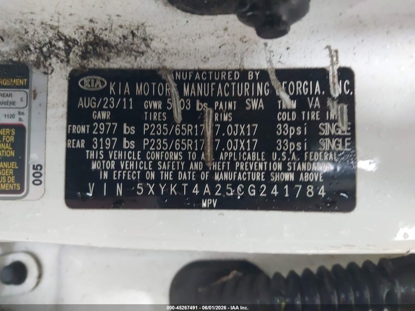 2012 Kia Sorento VIN 5XYKT4A25CG241784 IAAI salvage auction — NORMAL WEAR, Clear (Florida), sold $1,300 on 2026-07-15 (photo 9)