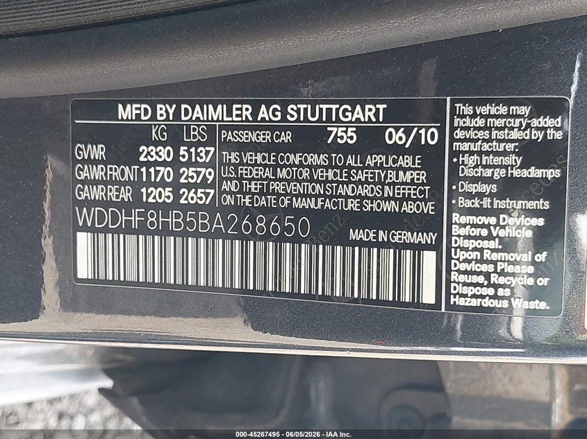 2011 Mercedes-benz E-class VIN WDDHF8HB5BA268650 IAAI salvage auction — NORMAL WEAR, Clear (New Jersey), sold $775 on 2026-07-06 (photo 9)