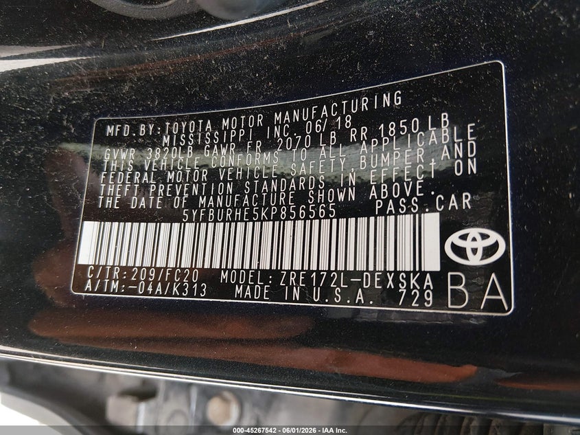 2019 Toyota Corolla VIN 5YFBURHE5KP856565 IAAI salvage auction — NORMAL WEAR, Rebuilt (Indiana), sold $1,700 on 2026-07-15 (photo 9)