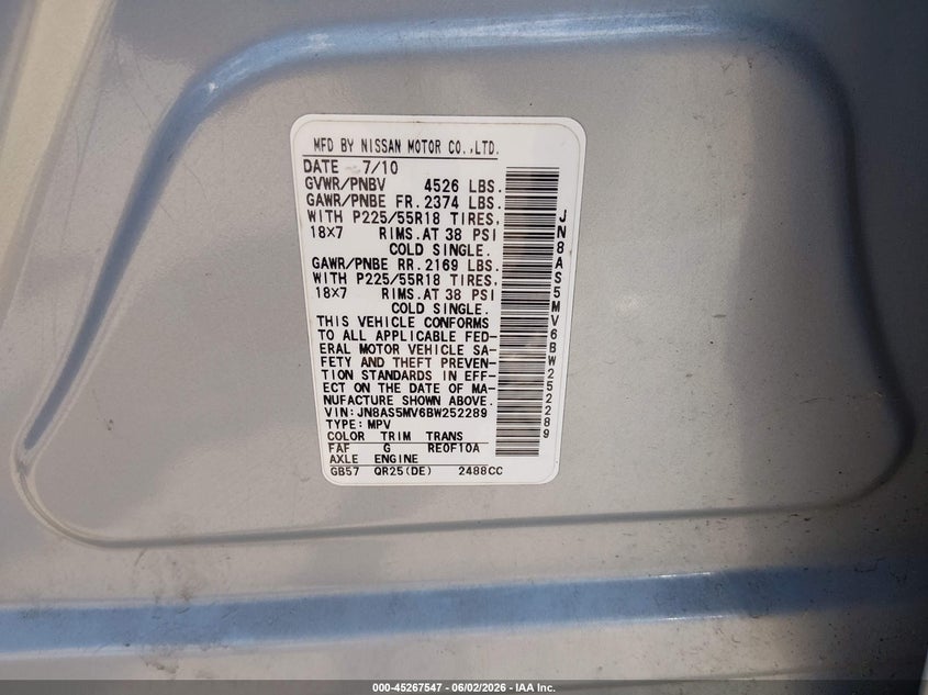 2011 Nissan Rogue VIN JN8AS5MV6BW252289 IAAI salvage auction — NORMAL WEAR, Clear (Pennsylvania), sold $550 on 2026-07-10 (photo 9)