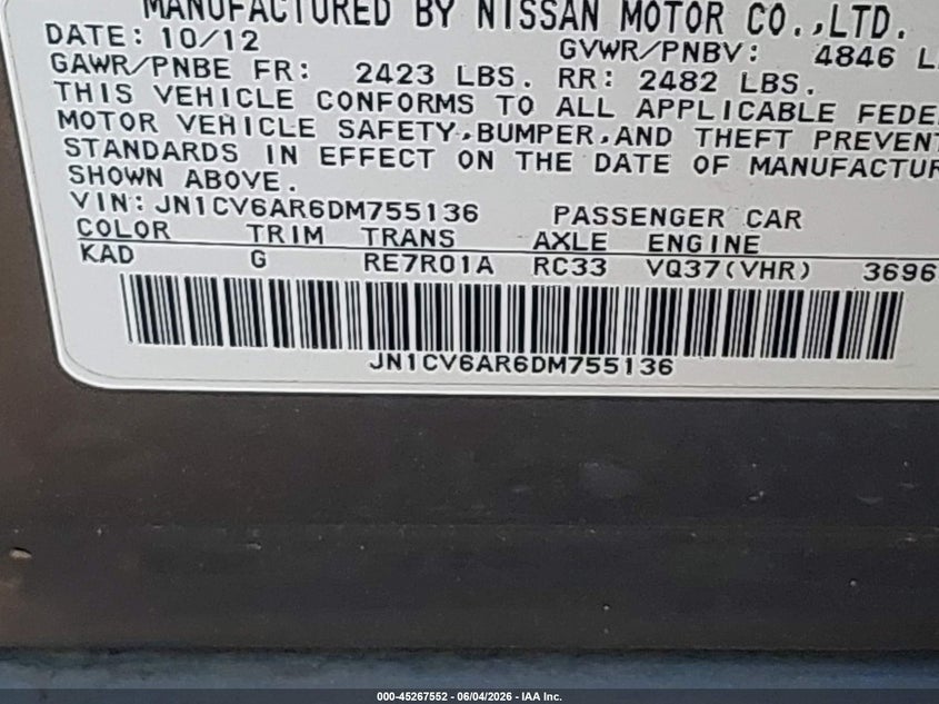 2013 Infiniti G VIN JN1CV6AR6DM755136 IAAI salvage auction — WATER/FLOOD, Salvage Title, sold $25 on 2026-07-28 (photo 9)