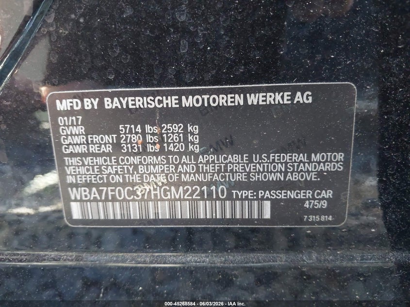 2017 BMW 7er VIN WBA7F0C37HGM22110 IAAI salvage auction — ELECTRICAL, Clear (Georgia), sold $5,075 on 2026-07-16 (photo 9)
