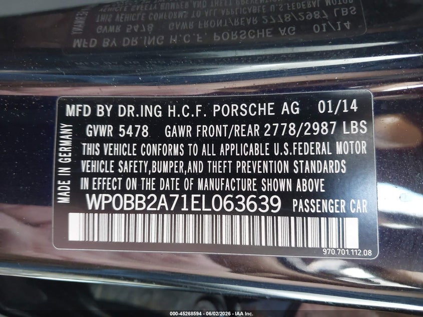 2014 Porsche Panamera VIN WP0BB2A71EL063639 IAAI salvage auction — MECHANICAL, Clear (North Carolina), sold $3,450 on 2026-07-16 (photo 9)