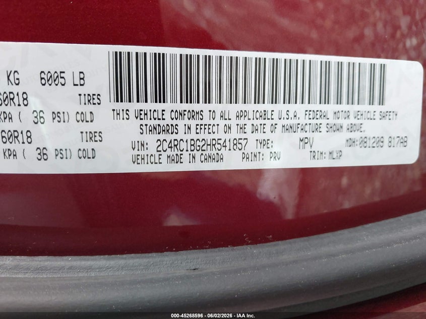 2017 Chrysler Pacifica VIN 2C4RC1BG2HR541857 IAAI salvage auction — NORMAL WEAR, Clear (Pennsylvania), sold $2,550 on 2026-07-09 (photo 9)