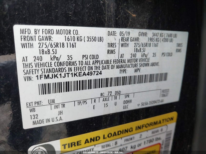 2019 Ford Expedition VIN 1FMJK1JT1KEA49724 IAAI salvage auction — NORMAL WEAR, Salvage Title, sold $5,600 on 2026-07-09 (photo 9)