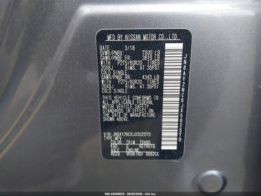 2018 Nissan Armada VIN JN8AY2NC6JX502570 IAAI salvage auction — NORMAL WEAR, Salvage Title, sold $4,750 on 2026-07-09 (photo 9)