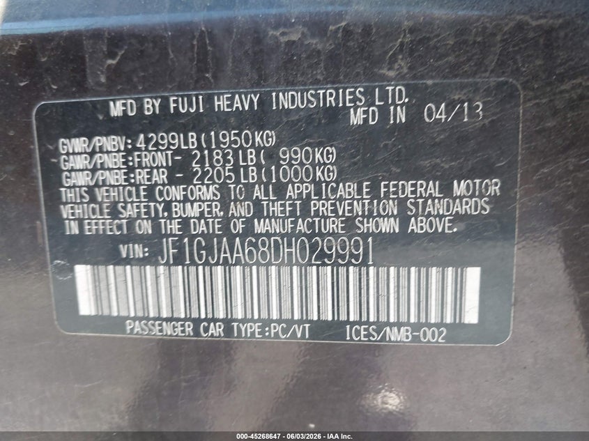 2013 Subaru Impreza VIN JF1GJAA68DH029991 IAAI salvage auction — NORMAL WEAR, Clear (New York), sold $400 on 2026-07-30 (photo 9)