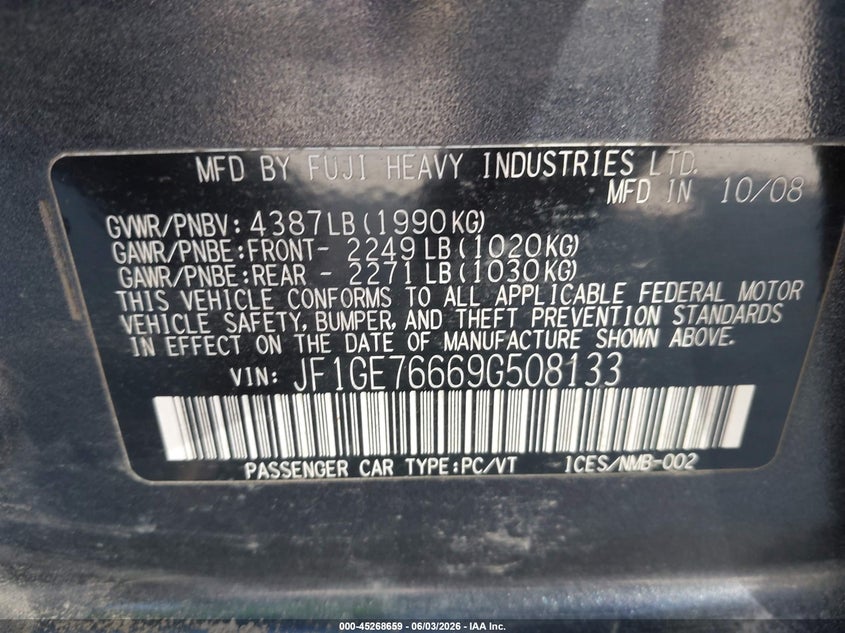2009 Subaru Impreza VIN JF1GE76669G508133 IAAI salvage auction — NORMAL WEAR, Original (Maine), sold $575 on 2026-07-06 (photo 9)